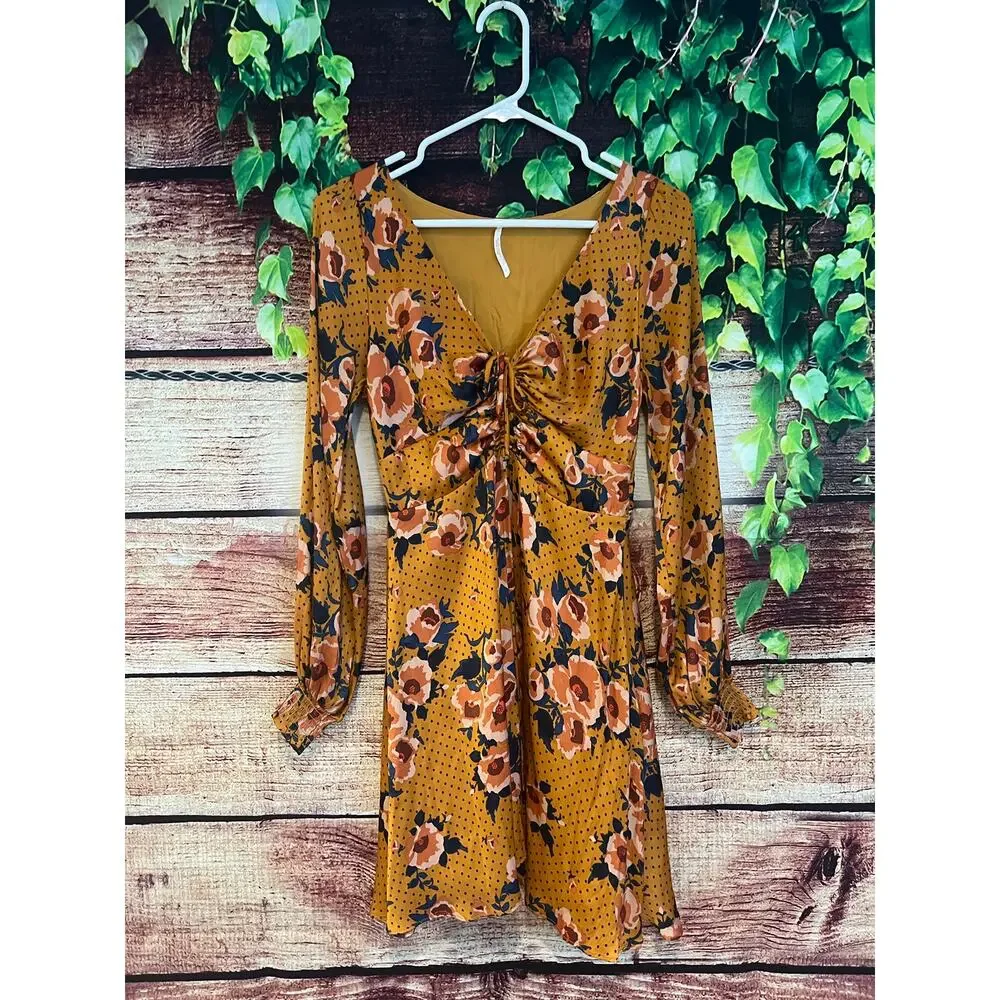 Free People Morning Light Floral Mini Dress in Yellow Gold Orange Womens Size 6